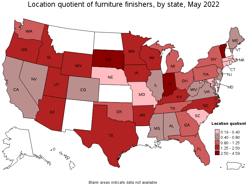 Map of location quotient of furniture finishers by state, May 2022