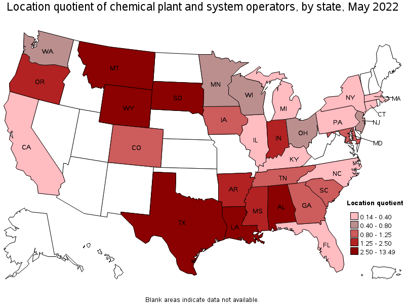 Map of location quotient of chemical plant and system operators by state, May 2022