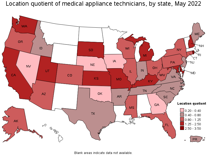 Map of location quotient of medical appliance technicians by state, May 2022