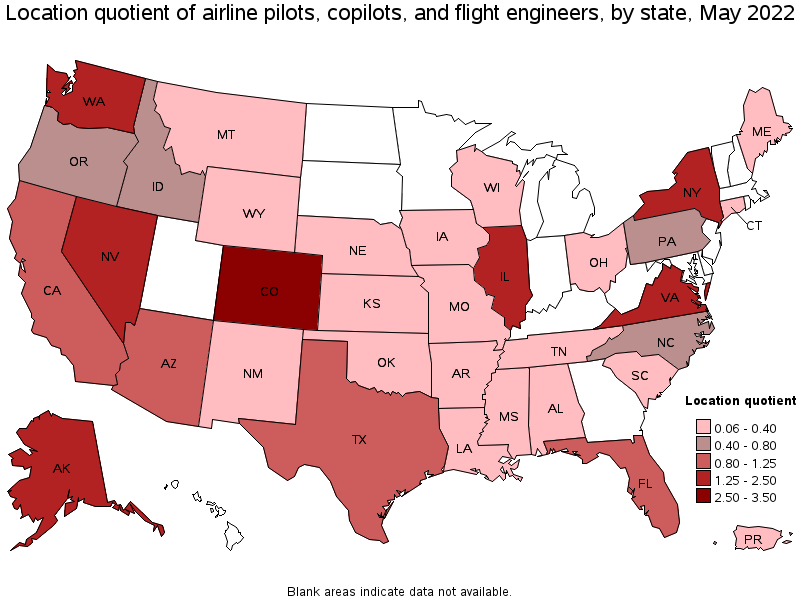 Map of location quotient of airline pilots, copilots, and flight engineers by state, May 2022