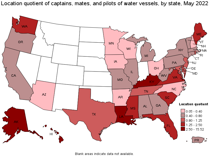 Map of location quotient of captains, mates, and pilots of water vessels by state, May 2022