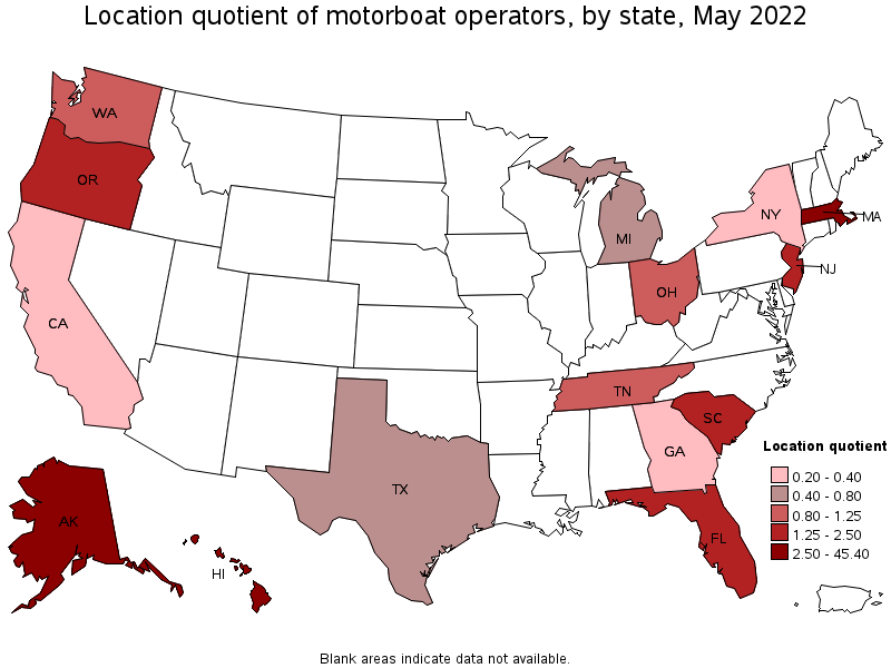 Map of location quotient of motorboat operators by state, May 2022