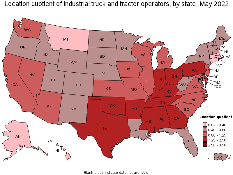 Map of location quotient of industrial truck and tractor operators by state, May 2022