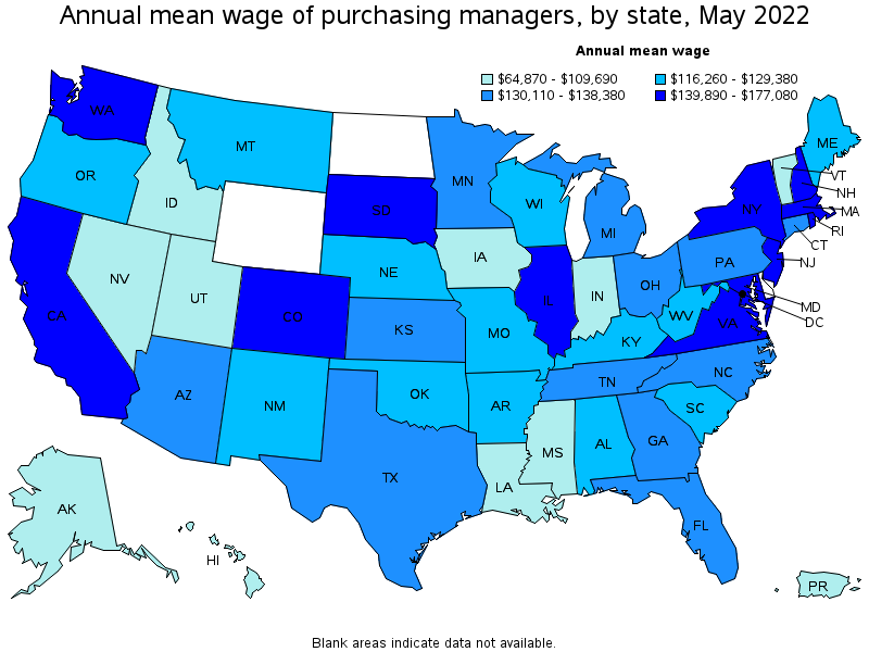 Map of annual mean wages of purchasing managers by state, May 2022