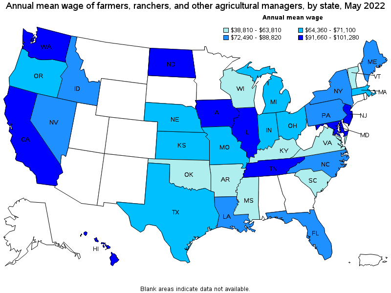 Map of annual mean wages of farmers, ranchers, and other agricultural managers by state, May 2022