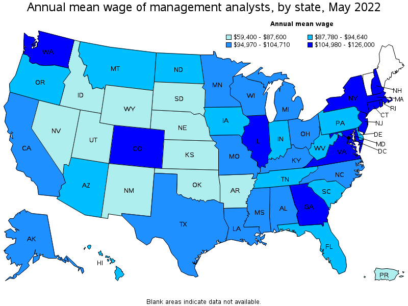 Map of annual mean wages of management analysts by state, May 2022