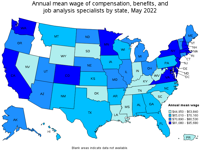 Map of annual mean wages of compensation, benefits, and job analysis specialists by state, May 2022