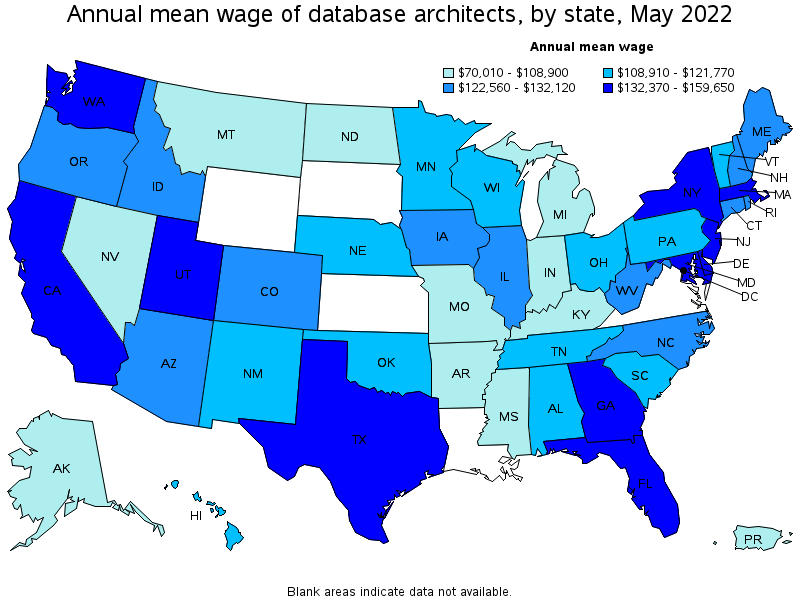 Map of annual mean wages of database architects by state, May 2022