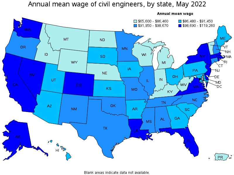 Map of annual mean wages of civil engineers by state, May 2022