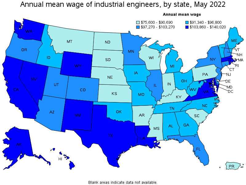 Map of annual mean wages of industrial engineers by state, May 2022