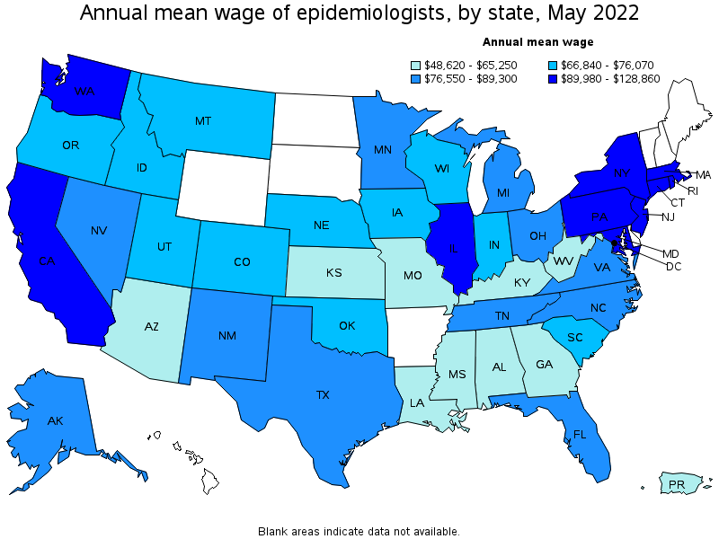 Map of annual mean wages of epidemiologists by state, May 2022