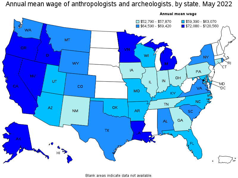 Map of annual mean wages of anthropologists and archeologists by state, May 2022