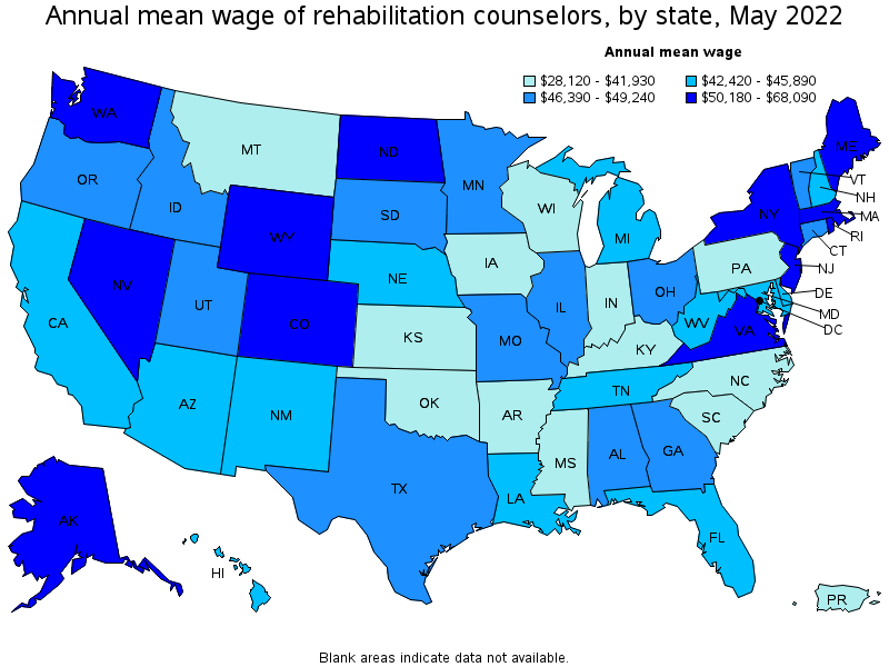 Map of annual mean wages of rehabilitation counselors by state, May 2022