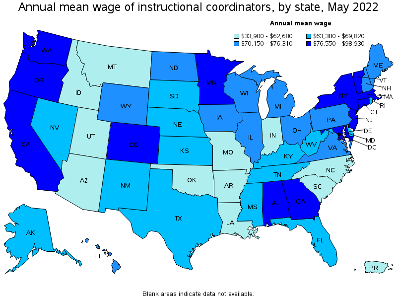 Map of annual mean wages of instructional coordinators by state, May 2022