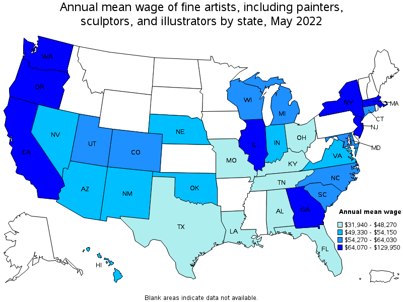 Map of annual mean wages of fine artists, including painters, sculptors, and illustrators by state, May 2022