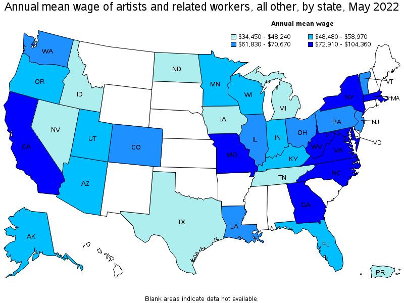 Map of annual mean wages of artists and related workers, all other by state, May 2022