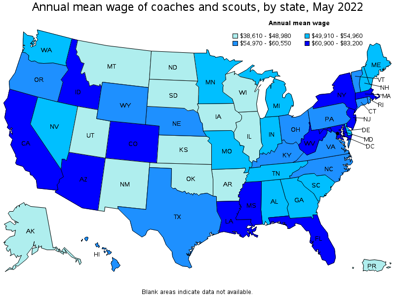 Map of annual mean wages of coaches and scouts by state, May 2022