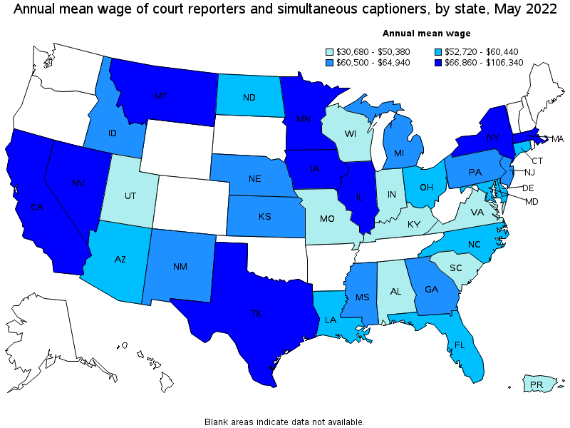 Map of annual mean wages of court reporters and simultaneous captioners by state, May 2022