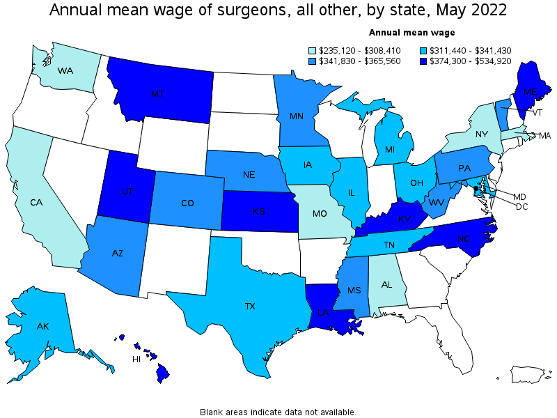 Map of annual mean wages of surgeons, all other by state, May 2022