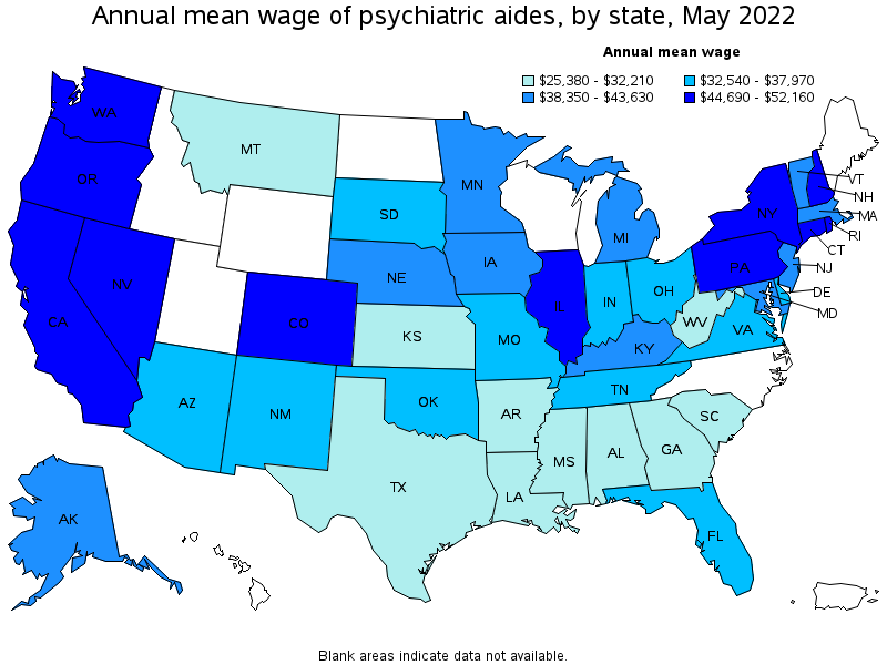 Map of annual mean wages of psychiatric aides by state, May 2022