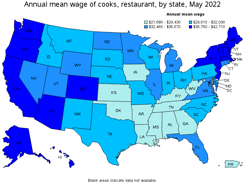 Map of annual mean wages of cooks, restaurant by state, May 2022