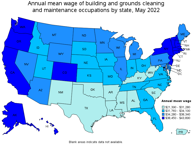 Map of annual mean wages of building and grounds cleaning and maintenance occupations by state, May 2022