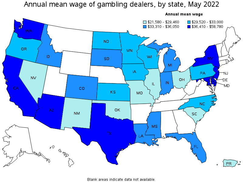 Map of annual mean wages of gambling dealers by state, May 2022