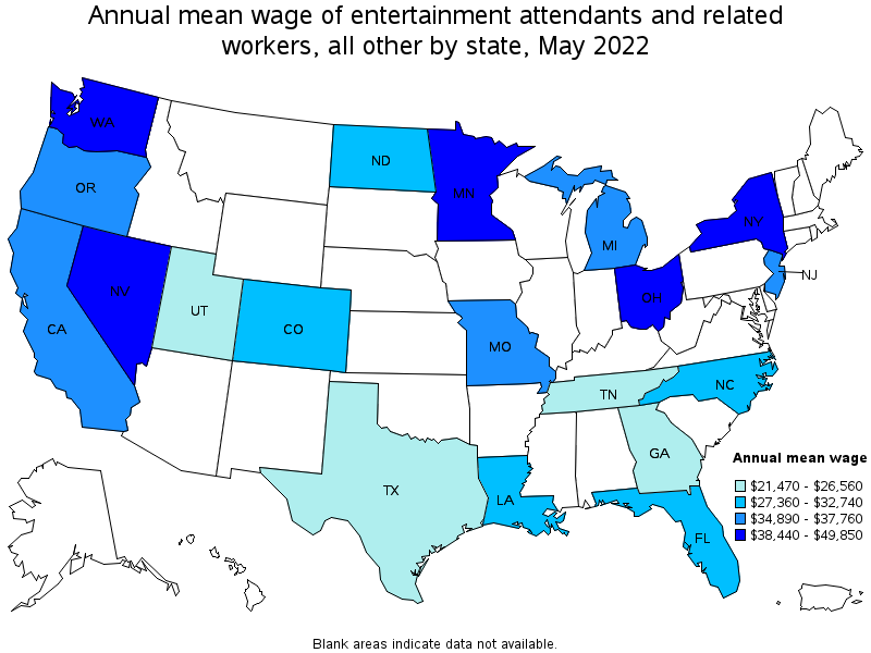 Map of annual mean wages of entertainment attendants and related workers, all other by state, May 2022