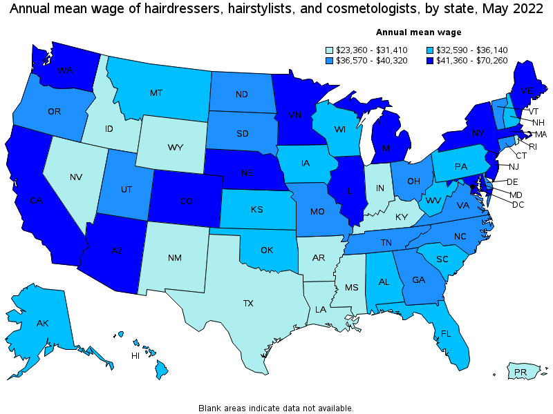 Map of annual mean wages of hairdressers, hairstylists, and cosmetologists by state, May 2022