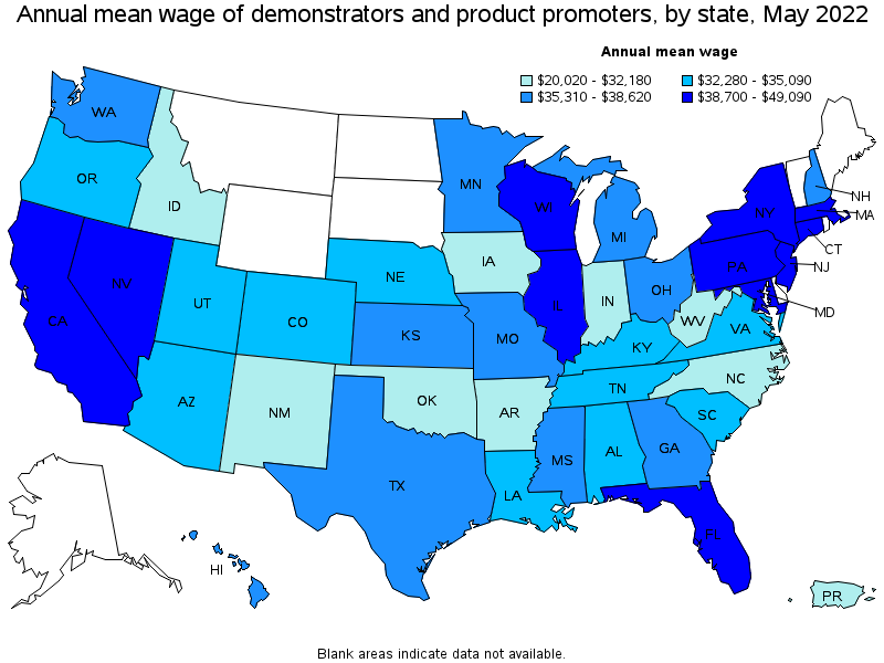 Map of annual mean wages of demonstrators and product promoters by state, May 2022