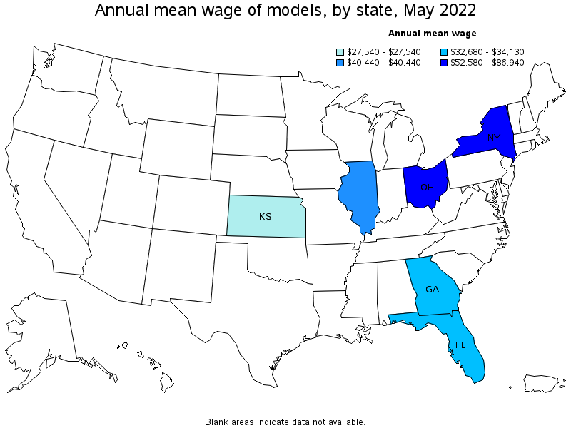 Map of annual mean wages of models by state, May 2022
