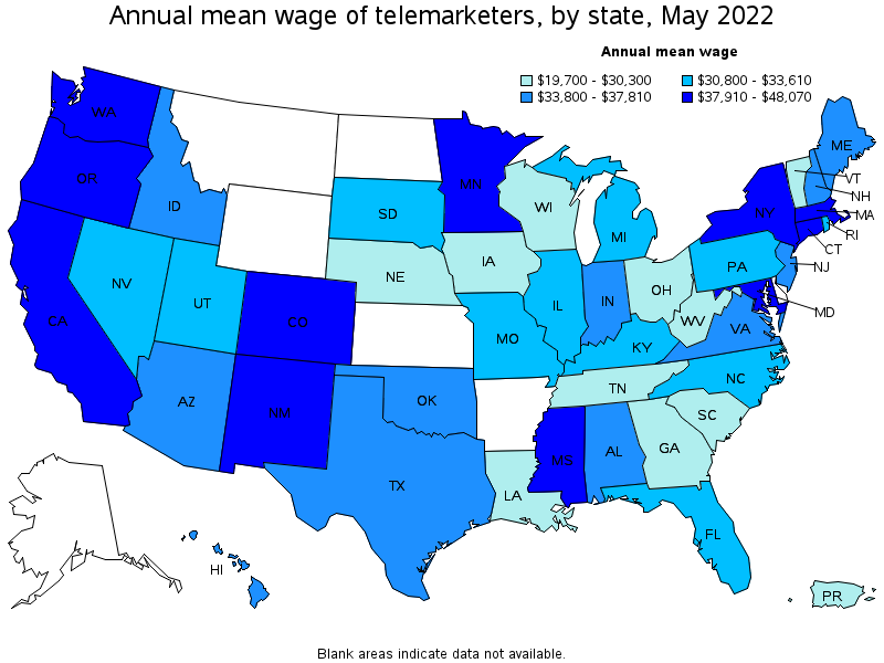 Map of annual mean wages of telemarketers by state, May 2022