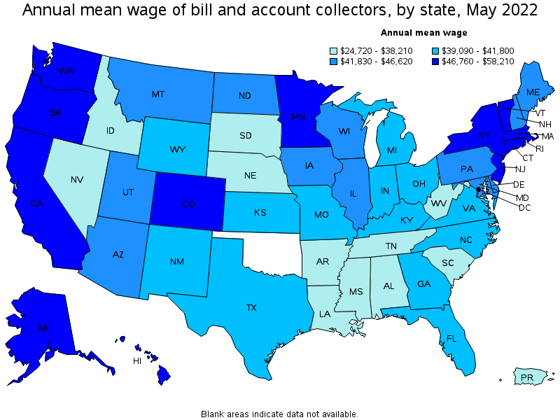 Map of annual mean wages of bill and account collectors by state, May 2022