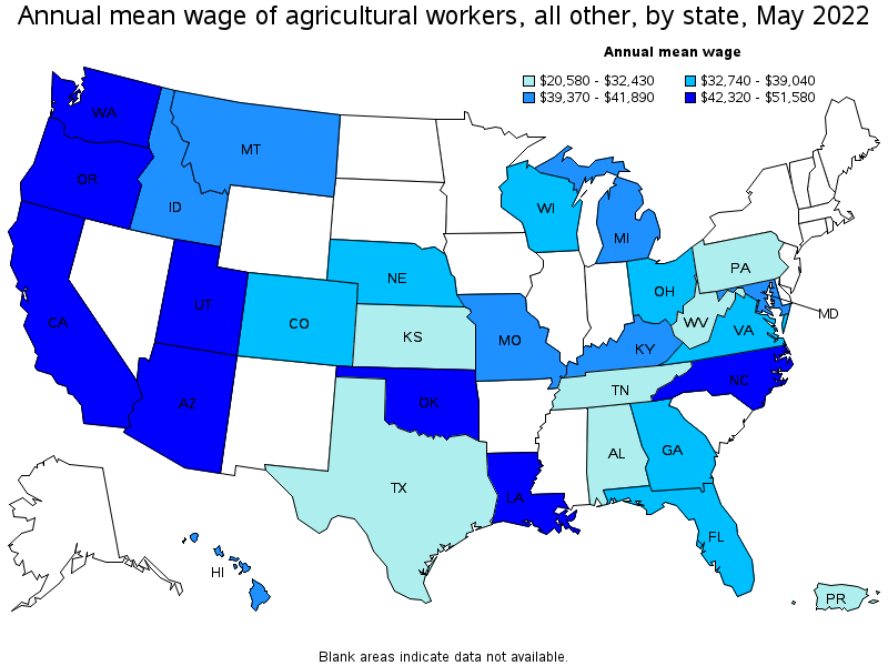 Map of annual mean wages of agricultural workers, all other by state, May 2022
