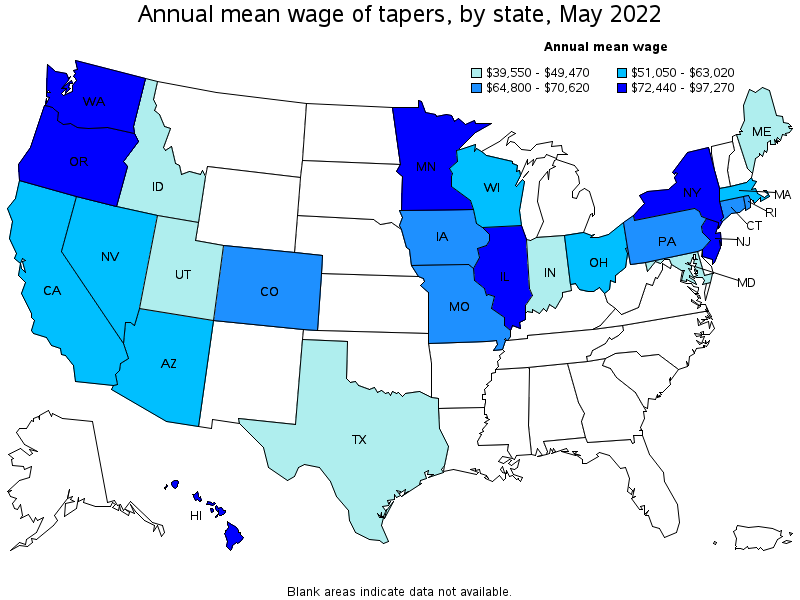 Map of annual mean wages of tapers by state, May 2022
