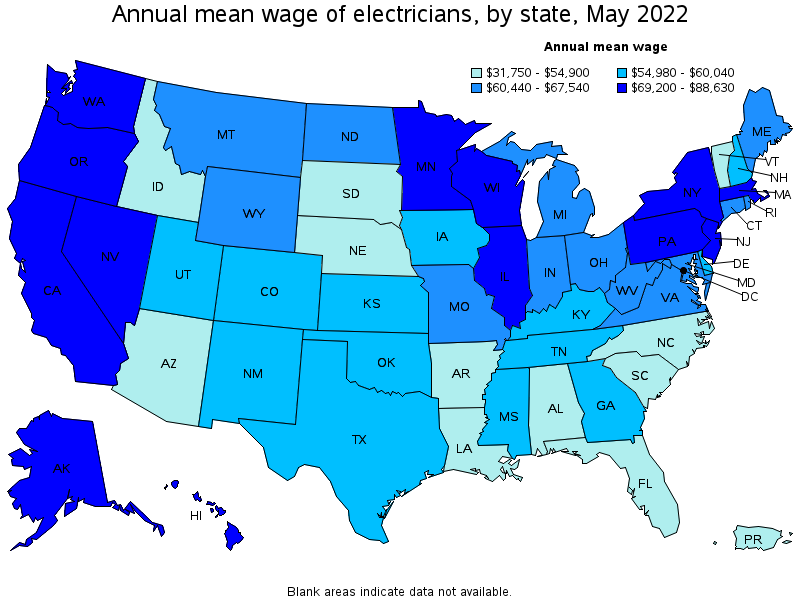 Map of annual mean wages of electricians by state, May 2022