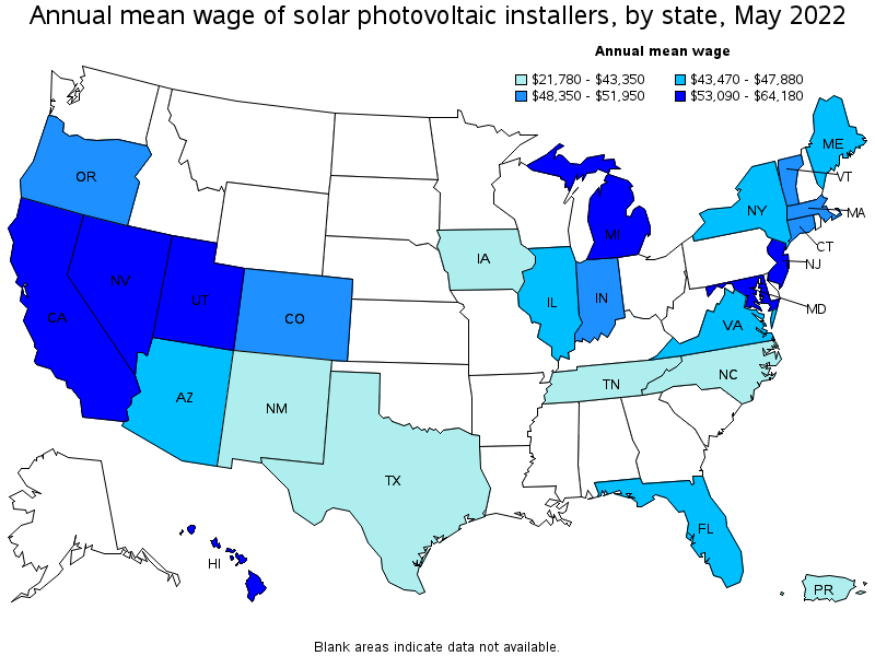 Map of annual mean wages of solar photovoltaic installers by state, May 2022