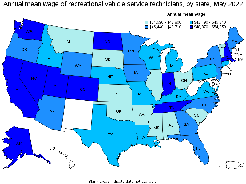 Map of annual mean wages of recreational vehicle service technicians by state, May 2022