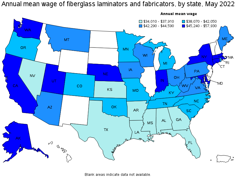 Map of annual mean wages of fiberglass laminators and fabricators by state, May 2022