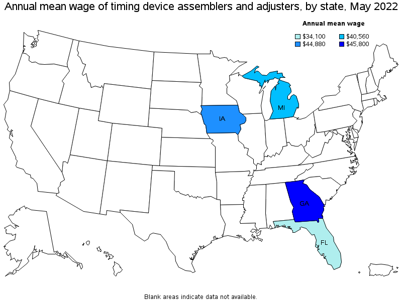 Map of annual mean wages of timing device assemblers and adjusters by state, May 2022
