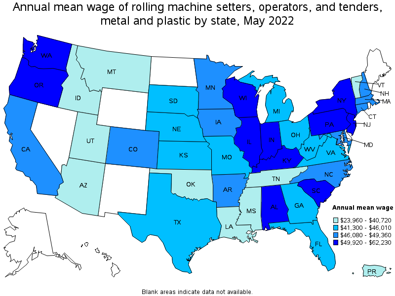 Map of annual mean wages of rolling machine setters, operators, and tenders, metal and plastic by state, May 2022