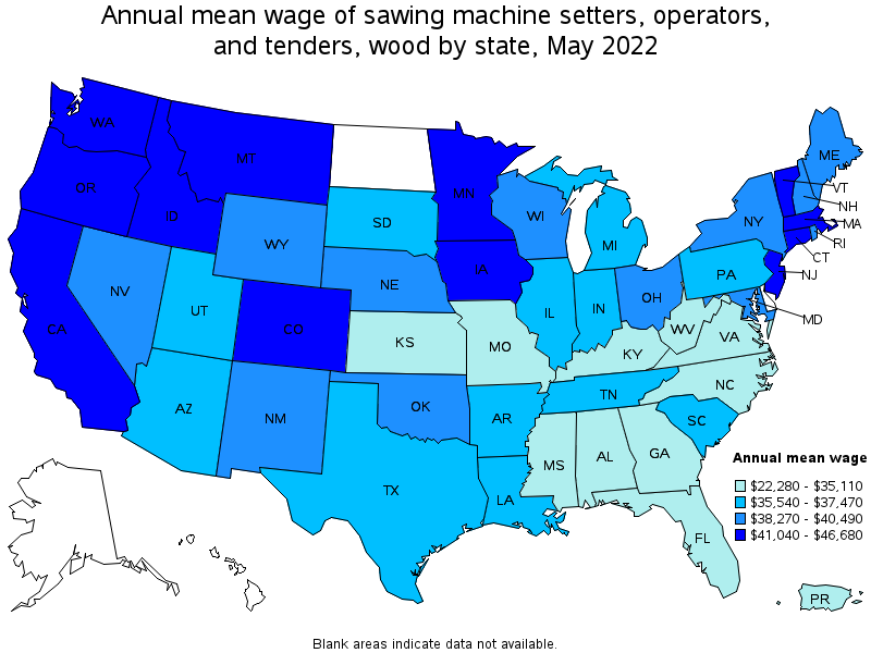 Map of annual mean wages of sawing machine setters, operators, and tenders, wood by state, May 2022