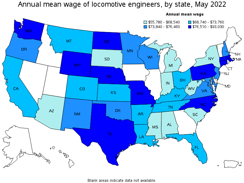 Map of annual mean wages of locomotive engineers by state, May 2022