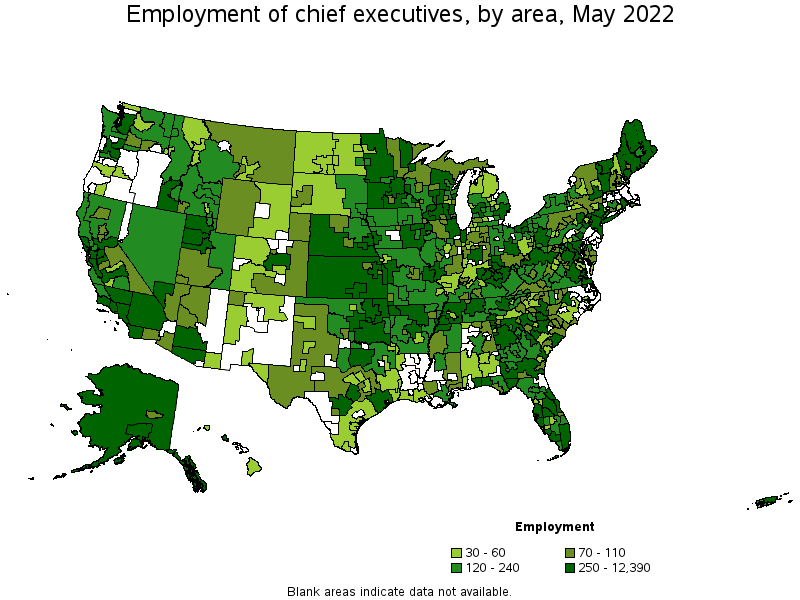 Map of employment of chief executives by area, May 2022