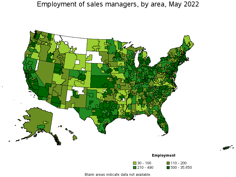Map of employment of sales managers by area, May 2022