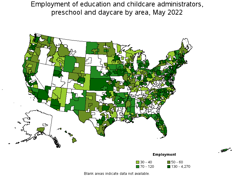 Map of employment of education and childcare administrators, preschool and daycare by area, May 2022