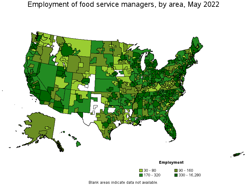 Map of employment of food service managers by area, May 2022