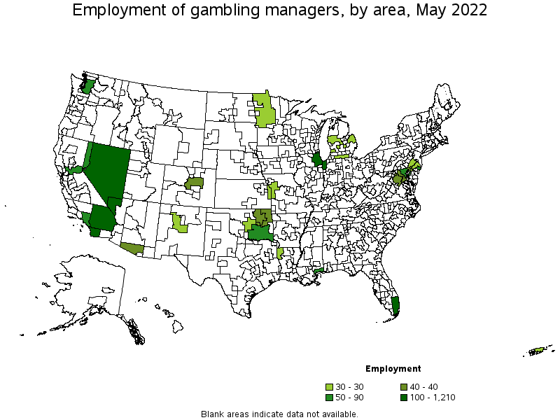 Map of employment of gambling managers by area, May 2022