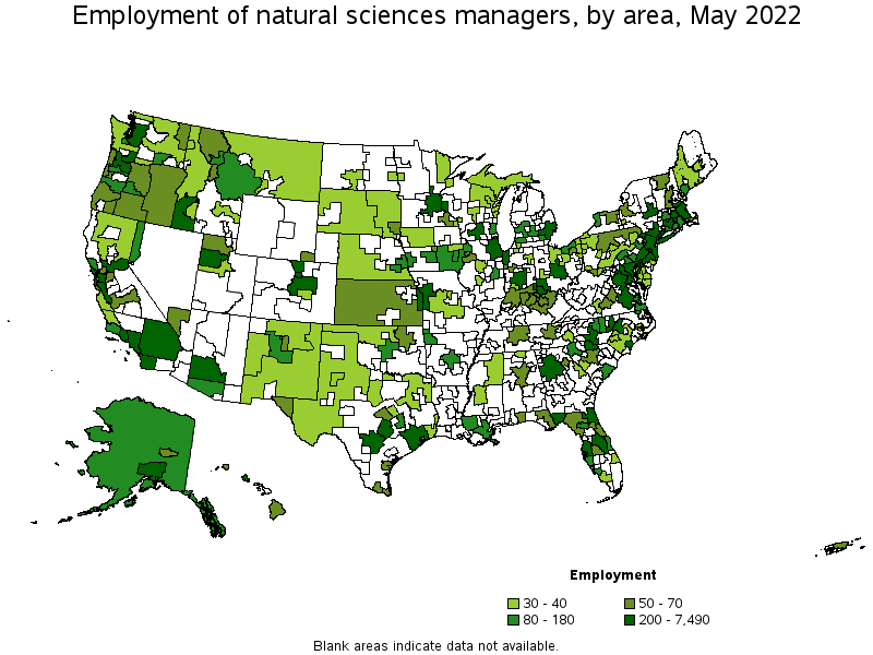 Map of employment of natural sciences managers by area, May 2022