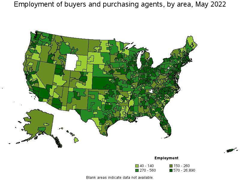Map of employment of buyers and purchasing agents by area, May 2022